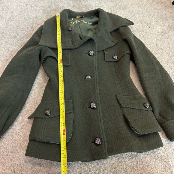 Mackage military green wool blend pea coat high neck asymmetrical button front - Picture 9 of 12